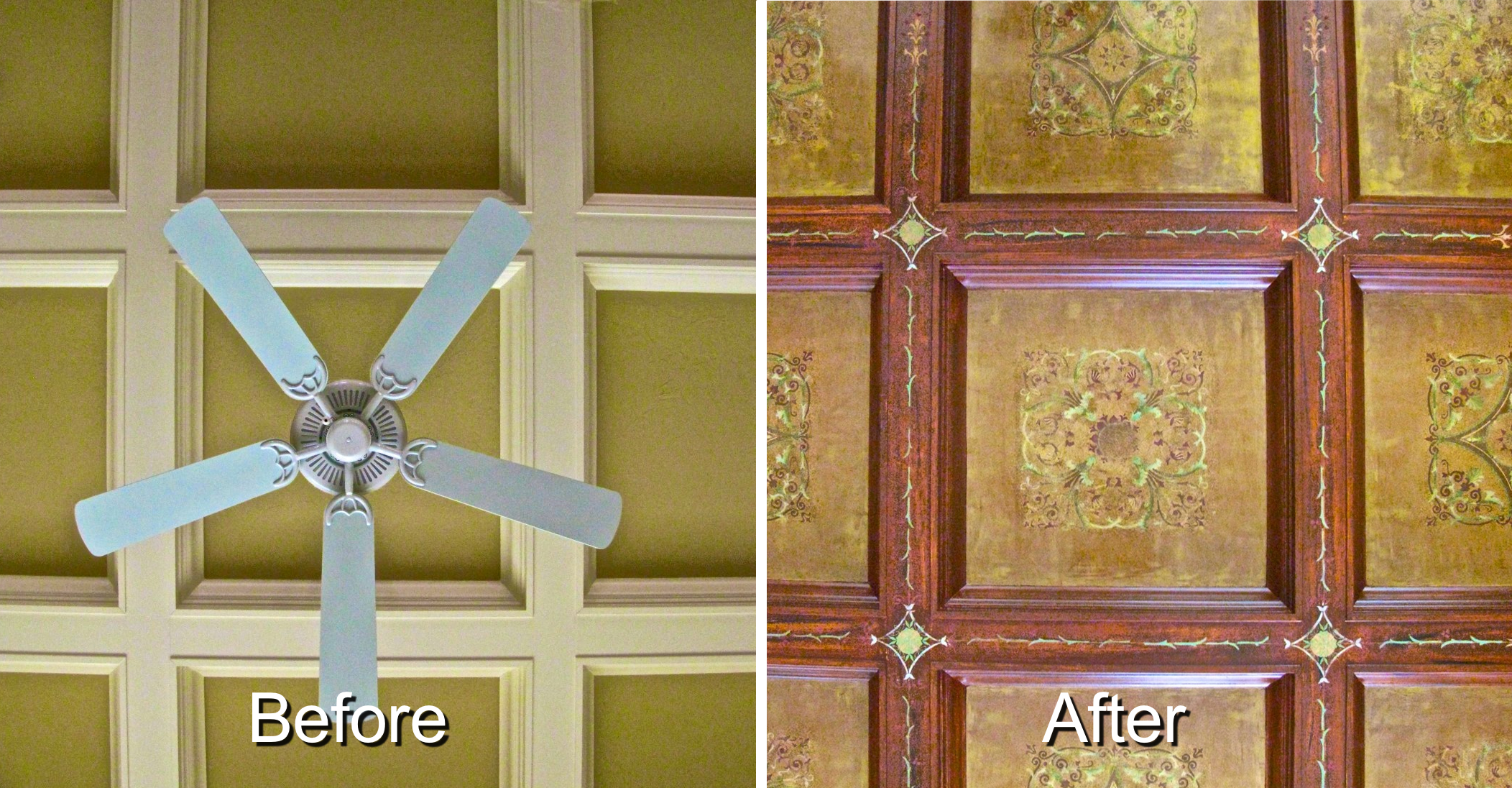 Coffered ceiling combining Venetian Plaster, hand-cut stencils, gilding and faux bois painting.