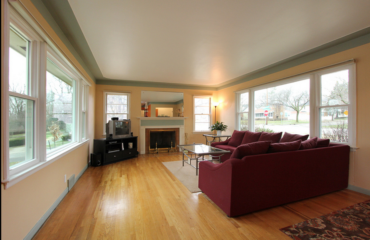 Living Room looking towards fireplace and Rosewood Street