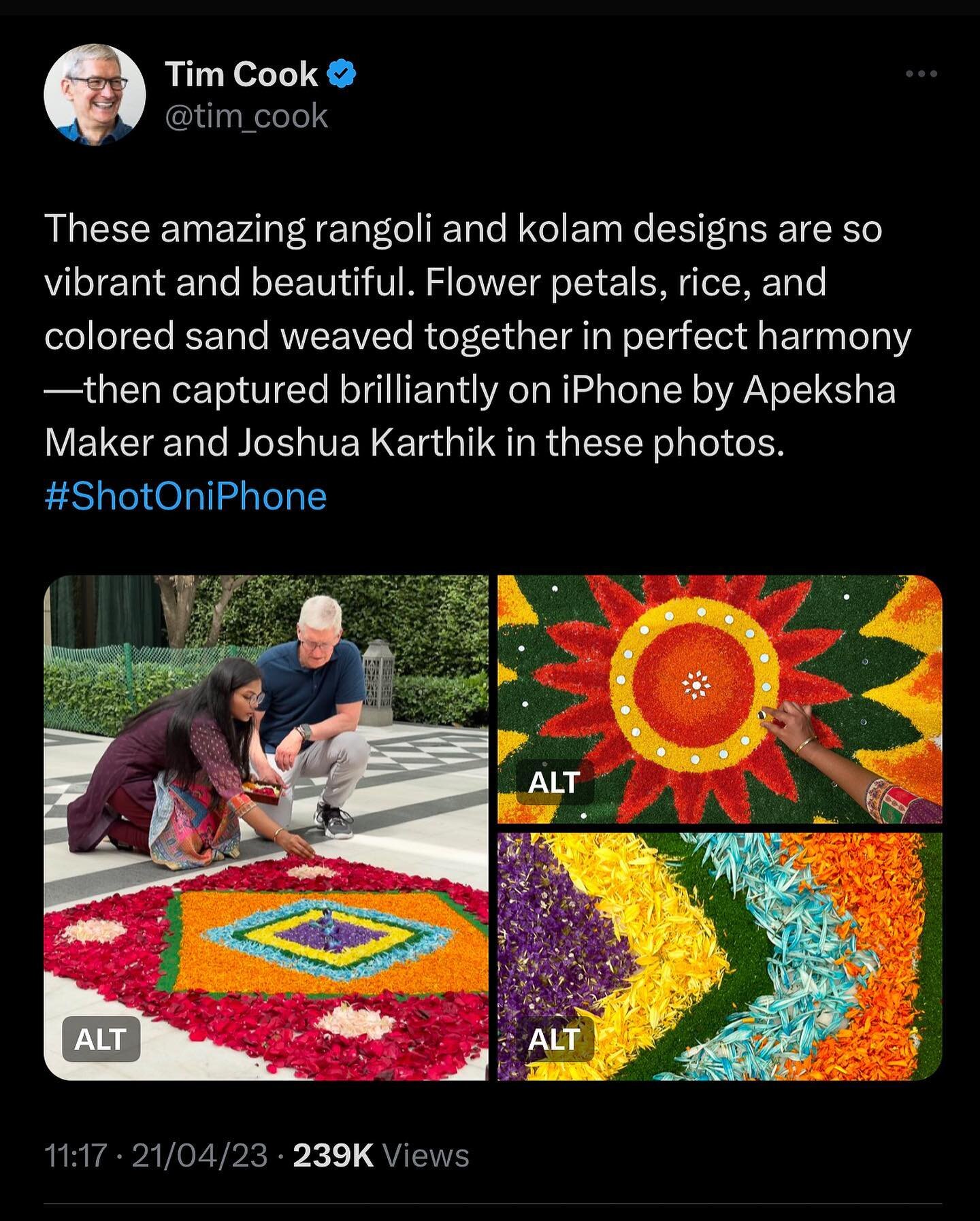 Blindingly ordinary things. Rangoli and kolam, #shotoniphone with @amaker7 

1. Tim Cook tweets our photos out
2. The test shot with Apeksha&rsquo;s hand that led to the final photo 
3. A photo of rangoli artist Karishma