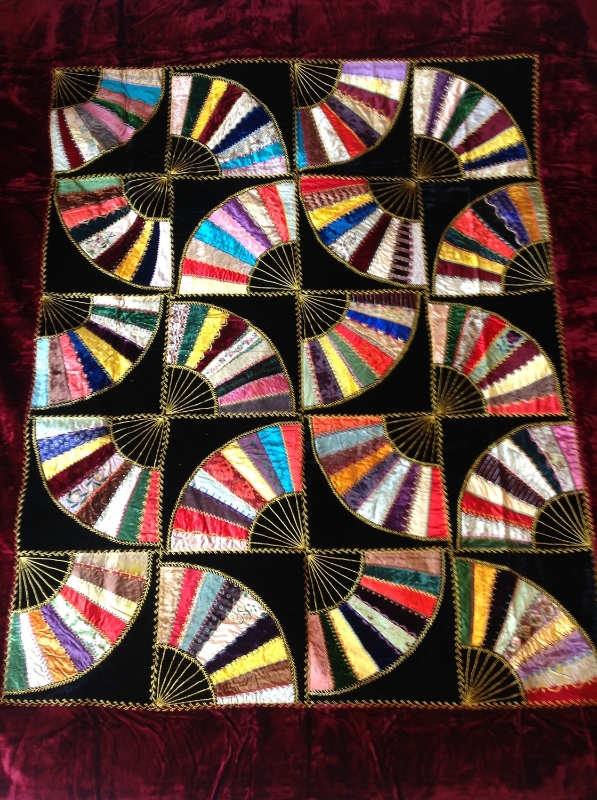 Fan Quilt top, circa 1895. Silk, velvet and embroidered with silk thread. Made by my Great-Great Grandmother, Susan Elizabeth Walker (1840-1910).