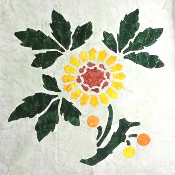 Sunflower, 3 of 9 , Victorian Flower Garden. Reverse applique stems and leaves, appliqued blossoms.