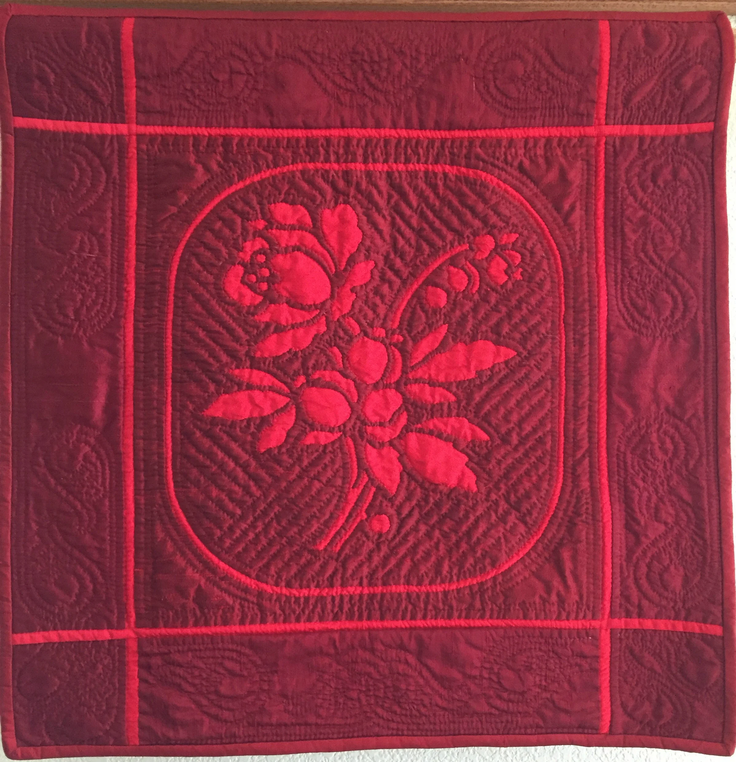 Beloved , 26" x 27", Margaret Brewster Willingham 100% Dupioni and Bengalore silk, silk batting. Reverse needle-turn applique by hand with silk thread, hand quilted with red 100% cotton thread
