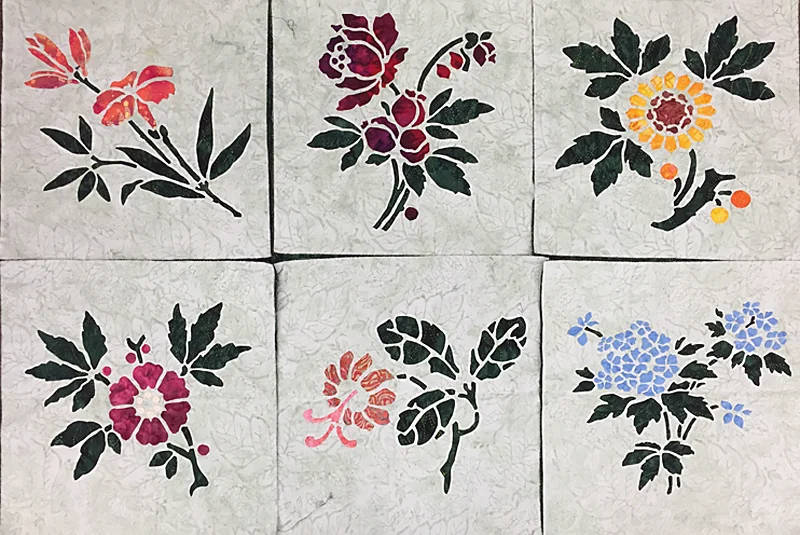 Lily, Rose, Sunflower, Apple Blossom, Trumpet Vine and Forget-Me-Not . See Thistle, Fuchsia and Iris in our booth. Collect all 9- 16" blocks and get started on your Victorian Flower Garden Quilt .