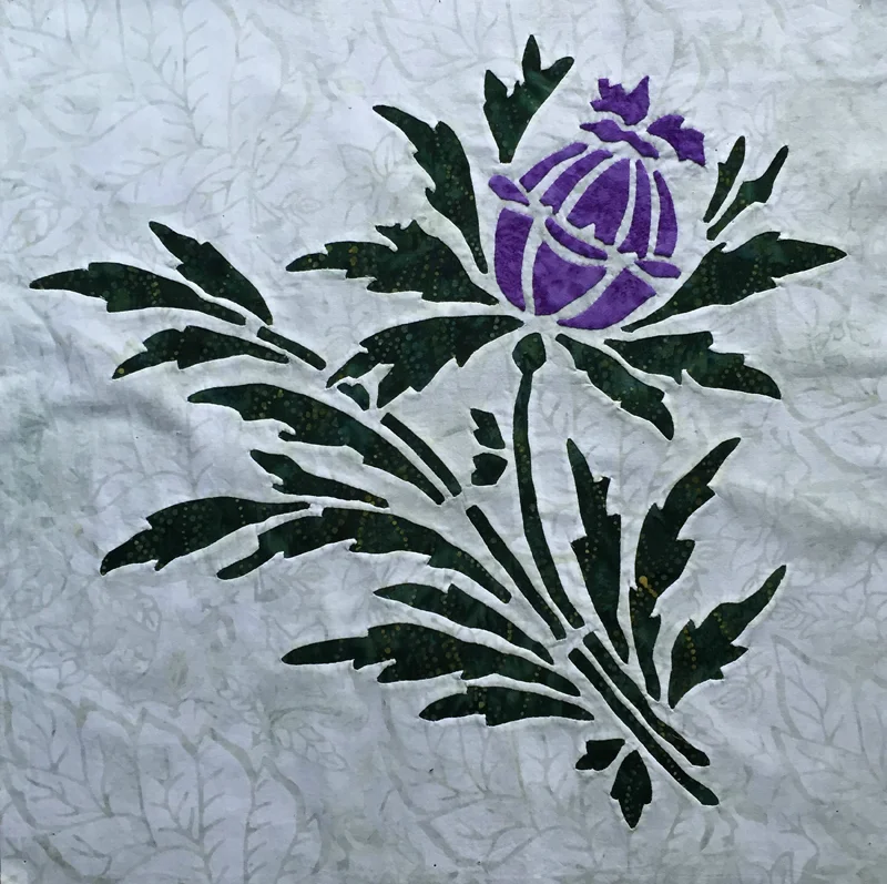 Thistle (16" x 16"). Reverse applique stems and leaves with Applique blossoms.