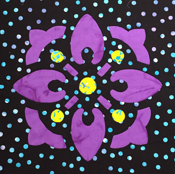 Block 10 (12" x 12"). Reverse applique with appliqued spots of color.