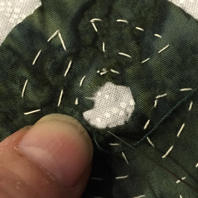 Look close at the picture. Right next to my left thumb you can see a dark speckle in the white background fabric. That speckle is the "hole" left from my basting thread.