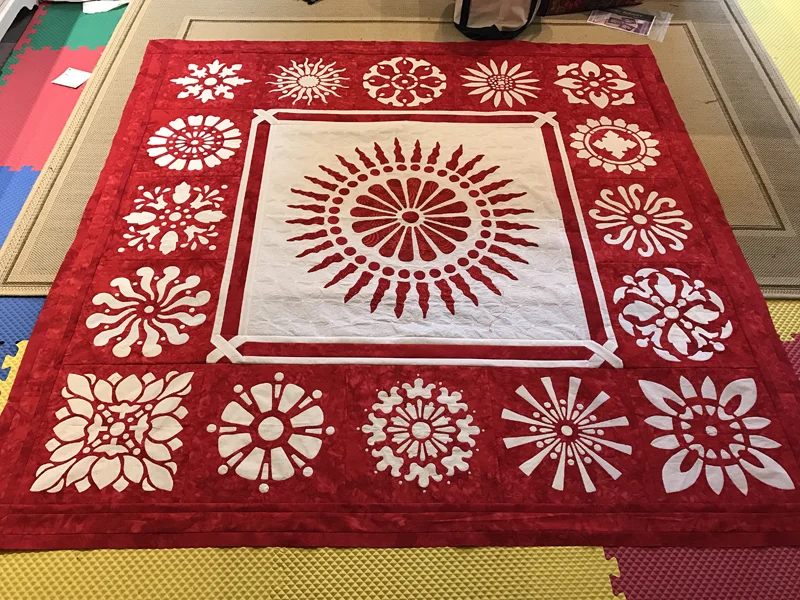 Early January 2017 my red & white quilt top was assembled and ready for layering and thread basting.