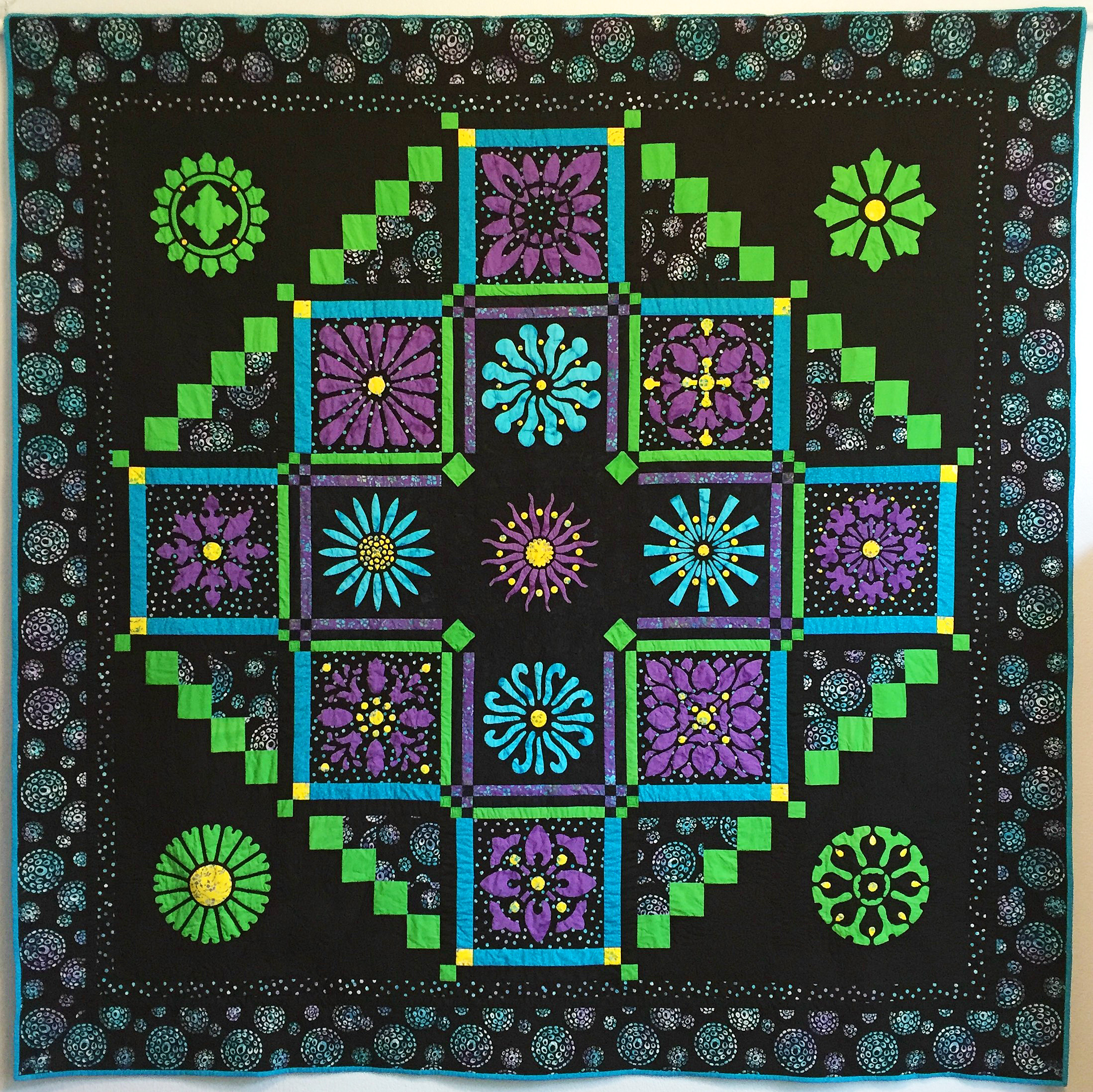 Midnight Explosion Quilt VII (95" x 95") for hand or machine reverse applique. Designed for Batik Textiles Spring 2017.