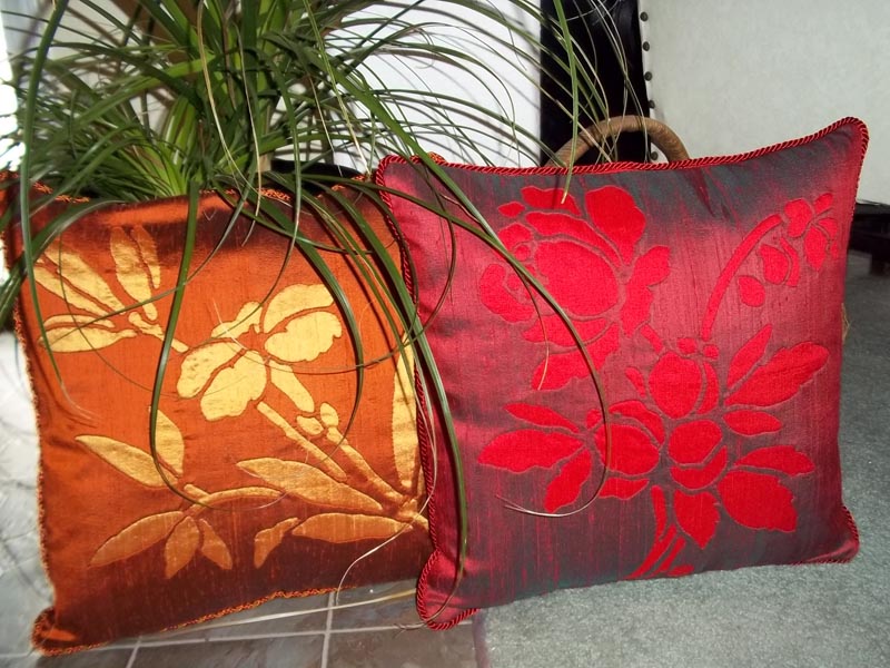Lily & Rose Flower pillows (16” x 16”) in silk. Hand or machine reverse applique.