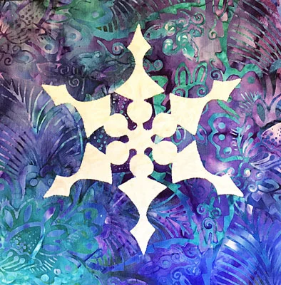 Snowflake block by hand from Twinkling Flurries Quilt VI. Intermediate by hand because of small spaces and acute inside and outside points.