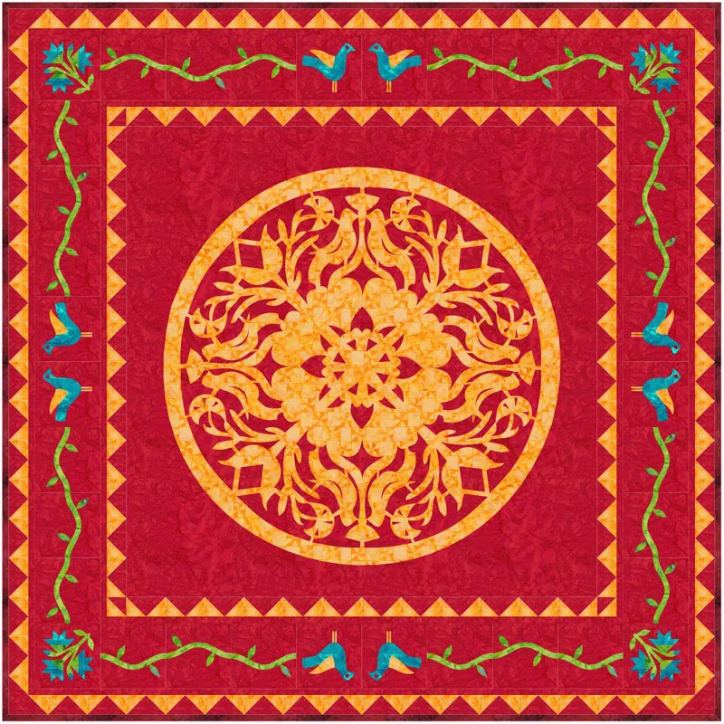 Don’t want to paper-piece? Add a 7” wide applique border picking up the bird motif and frame that with more flying geese.(55” x 55”)