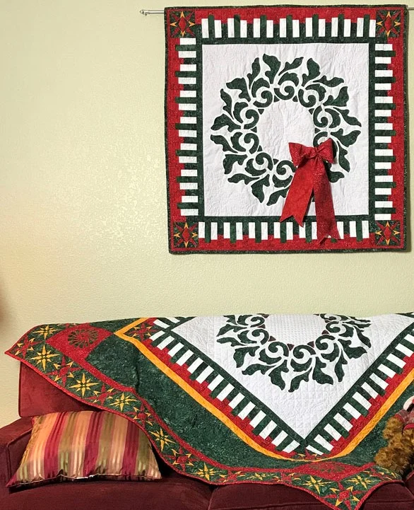 Radiant Wreath (37” x 37”) and Radiant Christmas Quilt (60” x 60”), two of 17+ projects from “Christmas RAPPing, Christmas Quilts featuring Reverse Applique & Paper-Piecing” Book by Margaret Brewster Willingham & Nan Baker.