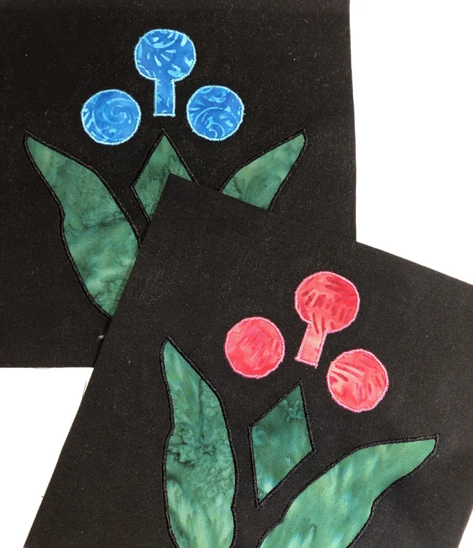 7” Lollipop Flower Block, the focus of our workshop. Made by machine reverse applique and applique.