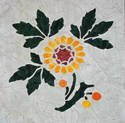 Sunflower, 3 of 9: 3 fabric. Reverse applique of stems & leaves, and applique blossoms.