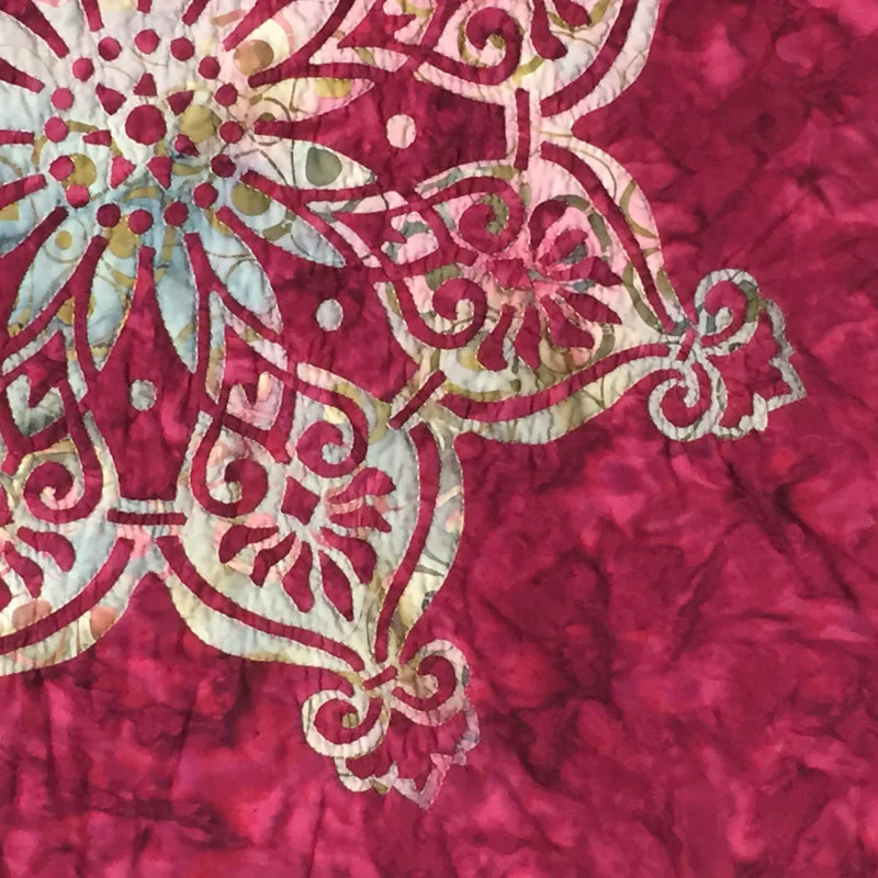 Rose Window, Medallion II (21” x 21”). Hande reverse applique, hand quilted in the ditch.