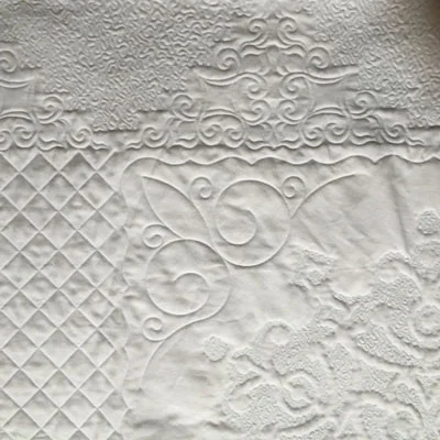 Frosty Frozen Wonder Quilt I , center medallion corner. machine stitched. small stipple in reverse applique space, swirl in corner of top fabric. back view.