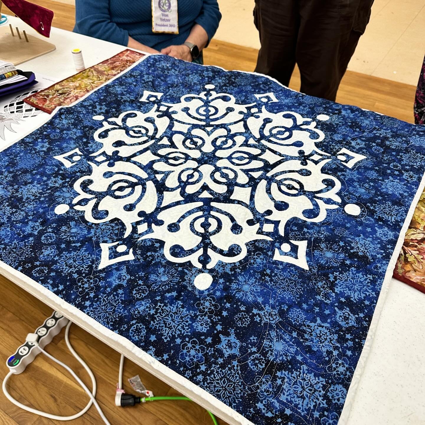 Quilt inspiration from a customer&rsquo;s creations.  While at teaching for the @longmontquiltguild Gail brought in her  beautifully made pieces of two Eye of the Beholder Quilt Design patterns. 1. Frozen Wonder Medallion VIII (30&rdquo; x 30&rdquo;)