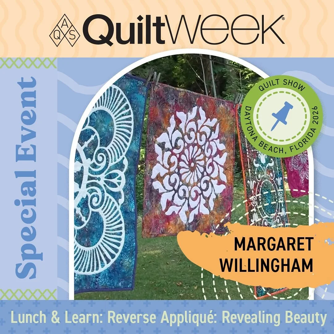 Enjoy a yummy lunch while you learn about &ldquo;Reverse Applique:Revealing Beauty &ldquo; at AQS Daytona @aqsonline . Lunch &amp; Learn with Margaret Willingham is February 18 at 11:45-1:00 pm. #quiltweek #quiltweekdaytonabeach #americanquilterssoci