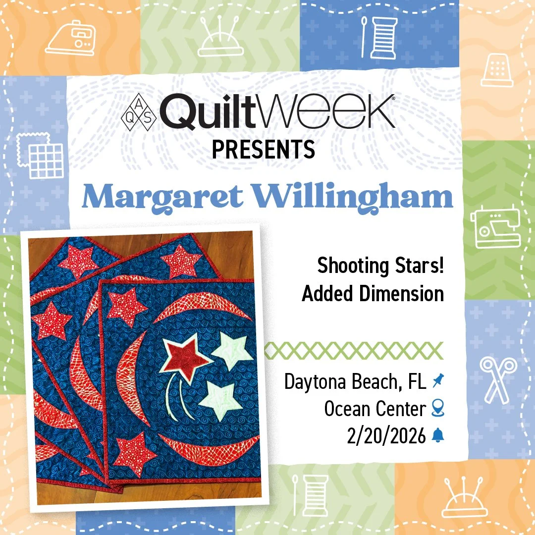 ⭐Shooting Stars! Added Dimension, 2/20/2026⭐
Experience the Art of Reverse Appliqu&eacute; by joining Margaret Willingham at @aqsonline  AQS Daytona Beach, February 18 - 21, 2026. Discover the unique, dimensional look of reverse appliqu&eacute;, wher