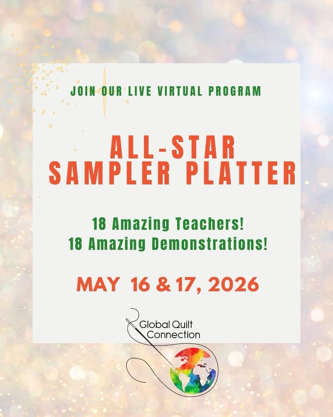 All-Star Sampler with @globalquiltconnection , May 16 &amp; 17, 2026. A fabulous virtual event with 18 amazing teachers and 18 amazing demonstrations. I&rsquo;m excited to be part of this great event on Sunday, sharing Mola Making. #globalquiltconnec
