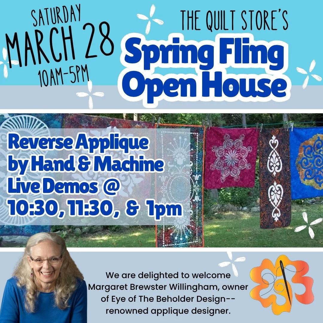TOMORROW IS SPRING FLING OPEN HOUSE at THE QUILT STORE!! 
Come to @quiltstorebroomfield  to see live demos by Margaret Brewster Willingham, from Eye of the Beholder Designs. 
 Demos will be at 10:30am, 11:30am, and 1pm
The Quilt Store 12710 Lowell Bl