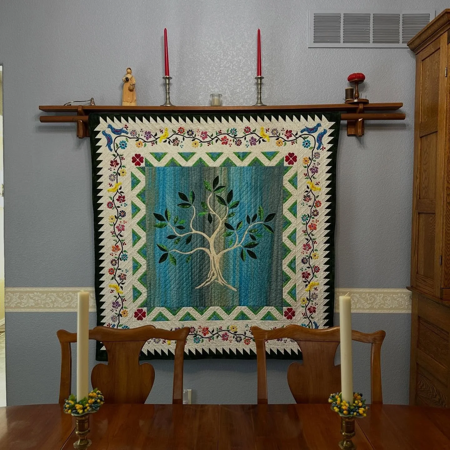 Summertime Quilt. growing, blooming new life and singing birds. Hand reverse appliqu&eacute; center and hand appliqu&eacute; floral border. All our patterns have thorough step-by-step directions and full-size pattern pieces. Designed and made in love