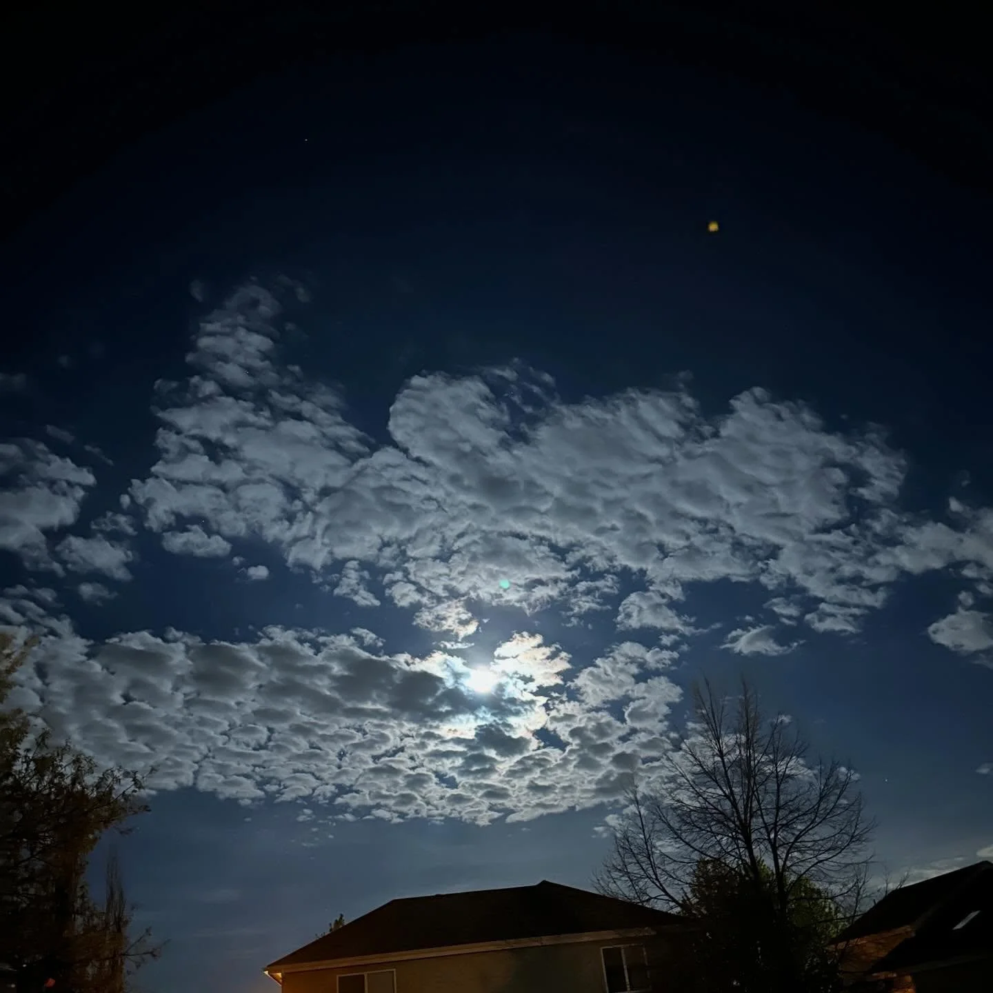 A beautiful night sky&hellip; the moon shining through a mackerel sky of clouds. A few moments later the clouds cleared and a big, bright waning gibbous moon was shining. Accompanied by Beethoven&rsquo;s Moonlight Sonata, a piece my Dad played all th