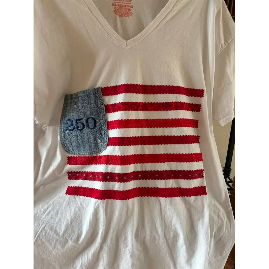 CUSTOMER CREATION!!!
Nancy got creative with a product we sell! She used Roxanne's glue to position and hold the fabric on these festive t-shirts she made for herself and her friends. Then she stitched the fabric to the shirts! Great idea and a cute 