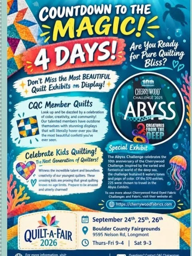 Quilt-A-Fair is coming in 4 days! For say hello in Booth 405! Your stop for reverse appliqu&eacute; quilt inspiration! Plus fabric, kits, and notions! #coloradoquiltingcouncil #quiltafair2026 #eyeofthebeholderquiltdesign #reverseapplique #quiltingisa
