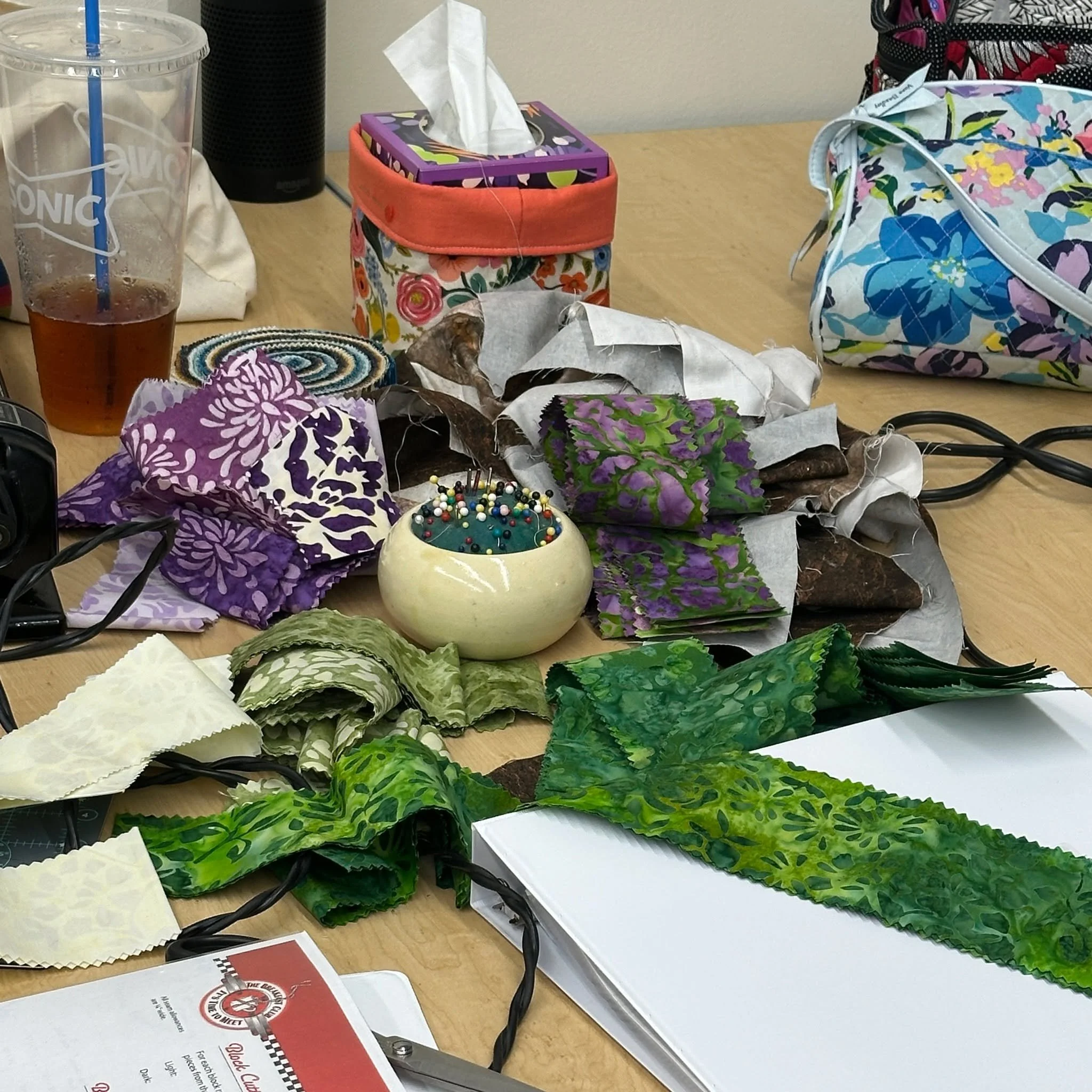 Ideas are strewn all around as creativity is unleashed in the latest CREATE YOUR OWN QUILTED SWEATSHIRT JACKET CLASS at @wildoatssewingco . It may look like chaos now, but just you wait.... stunning beauty will emerge in wearable art. #quiltedjacketc