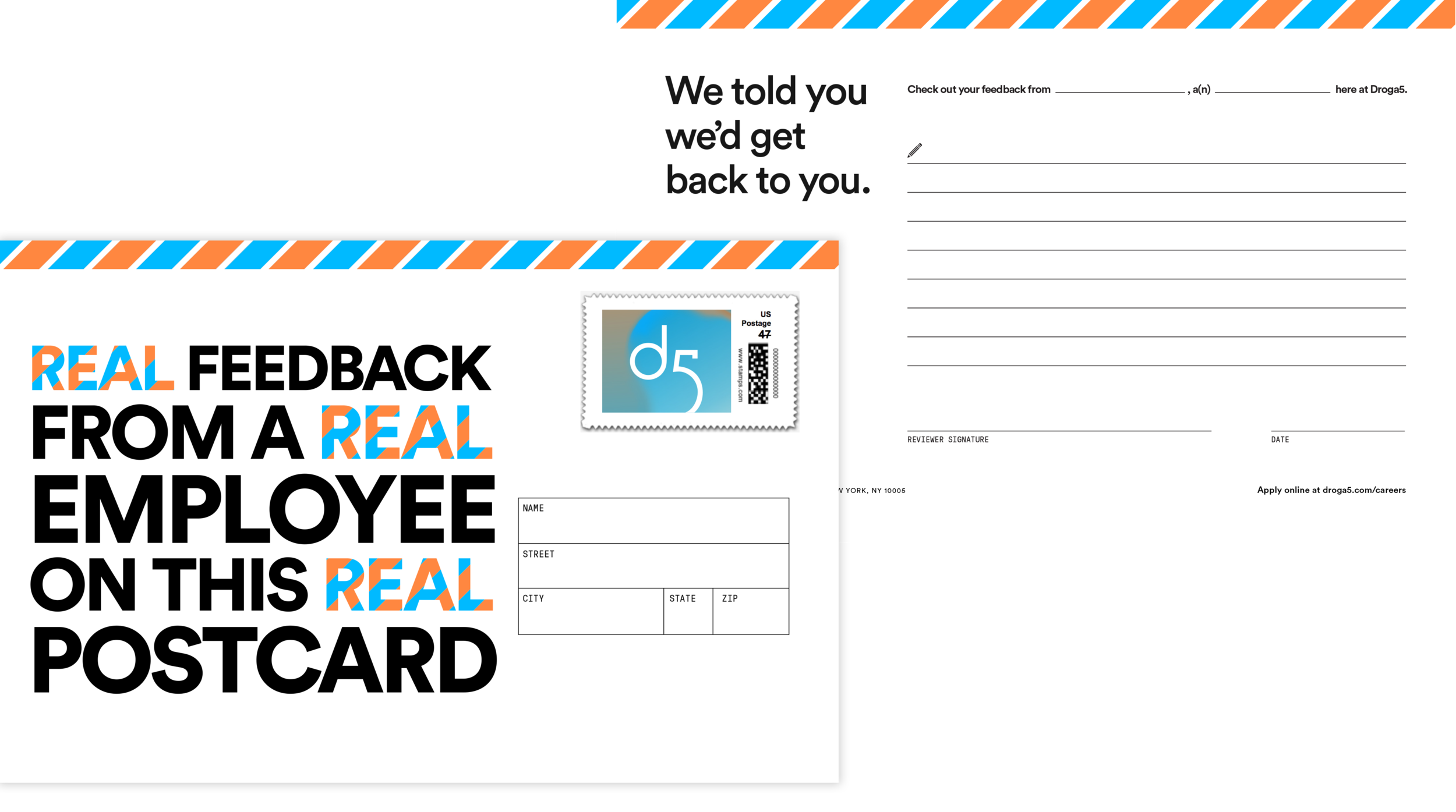 This was the postcard attendees received in the mail, each filled out by a Droga5 employee.