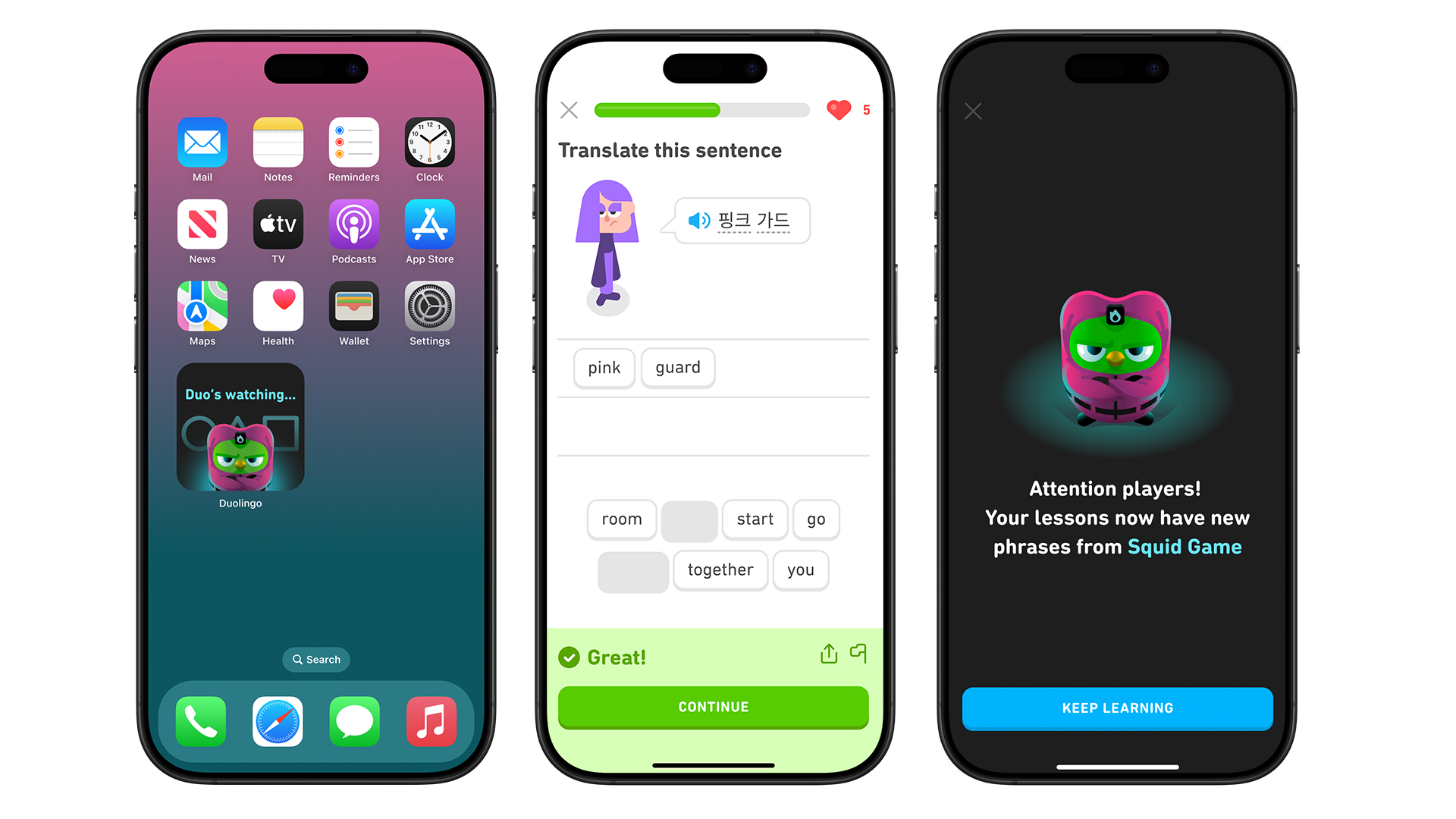 Korean Learners got to practice Squid Games-inspired phrases in-app. 