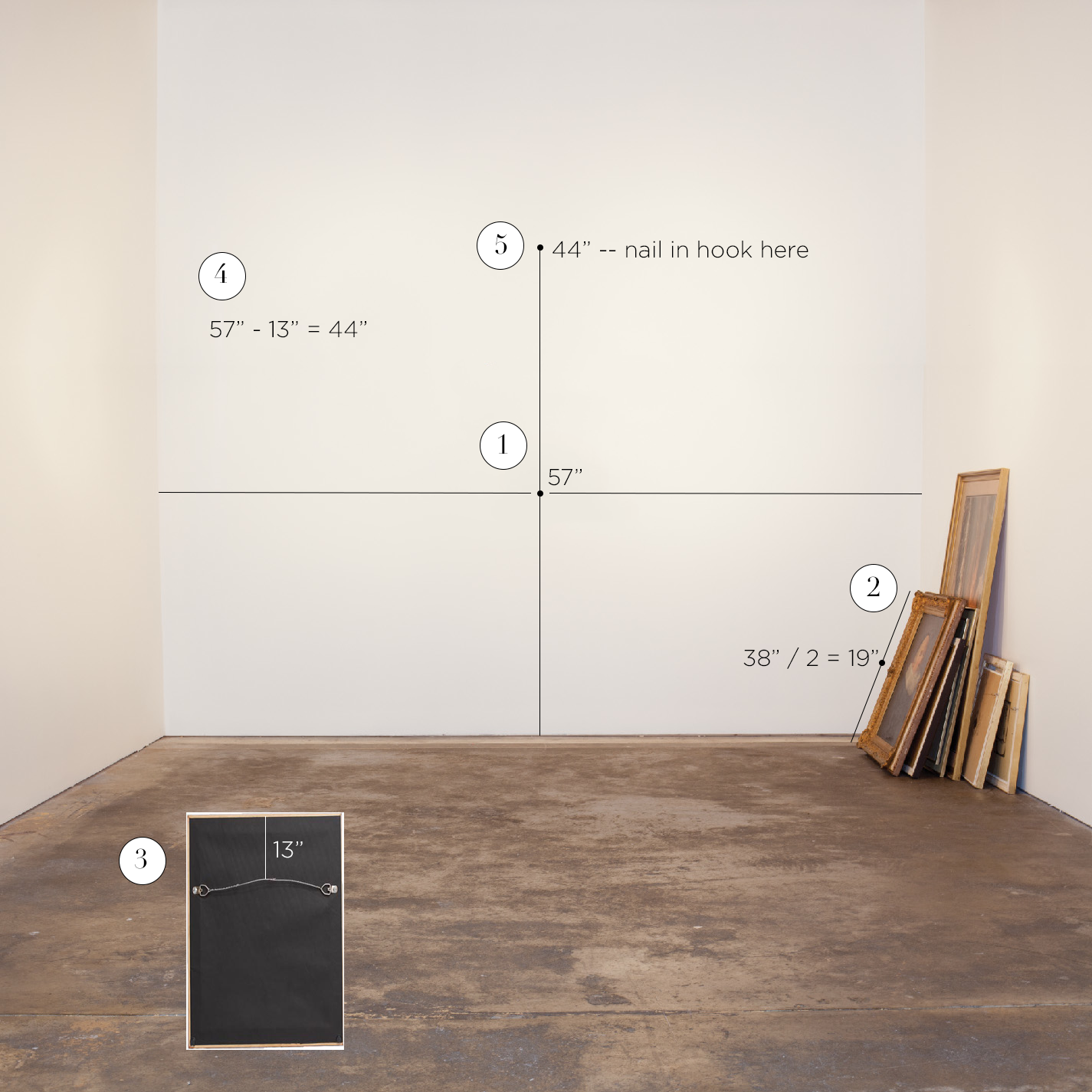 1. Measure and lightly mark 57" on the wall
2. Measure top of your picture to the middle (or take height and divide by 2)
3. Measure top of your picture to the tightened wire (a small amount)
4. Subtract this last amount to tell you how far above 57" your hook should go
5. Measure up from 57" with this last amount and lightly mark on the wall