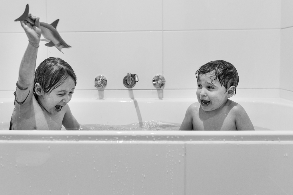 family photography - toy shark in bath tub