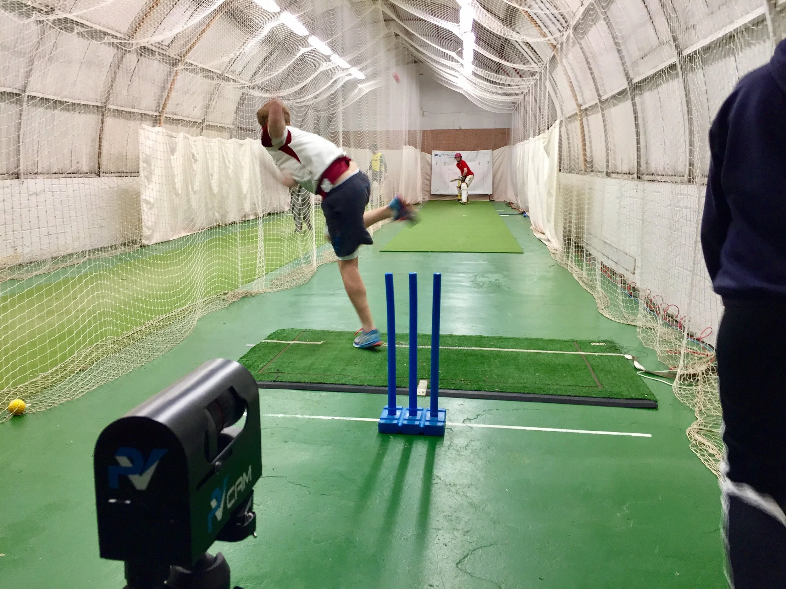 Cricket nets in Glasgow at West of Scotland CC. PitchVision video analysis is seen in action.