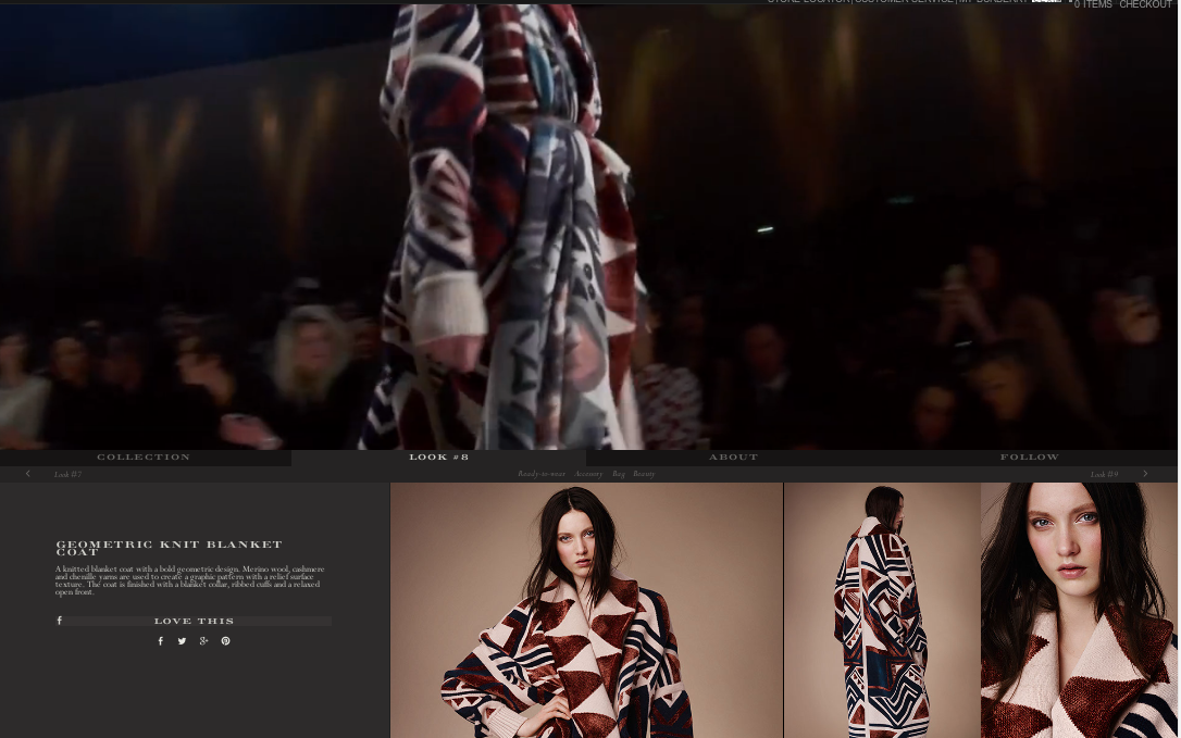 Burberry Shop the Runway shows the video clip of the look on the runway with all of the items, from the outerwear to the nail polish, available for purchase or to 'like' for when it's in stores.