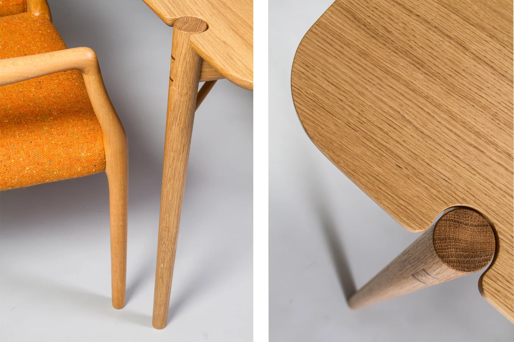 close up of leg detail bespoke oak dining table