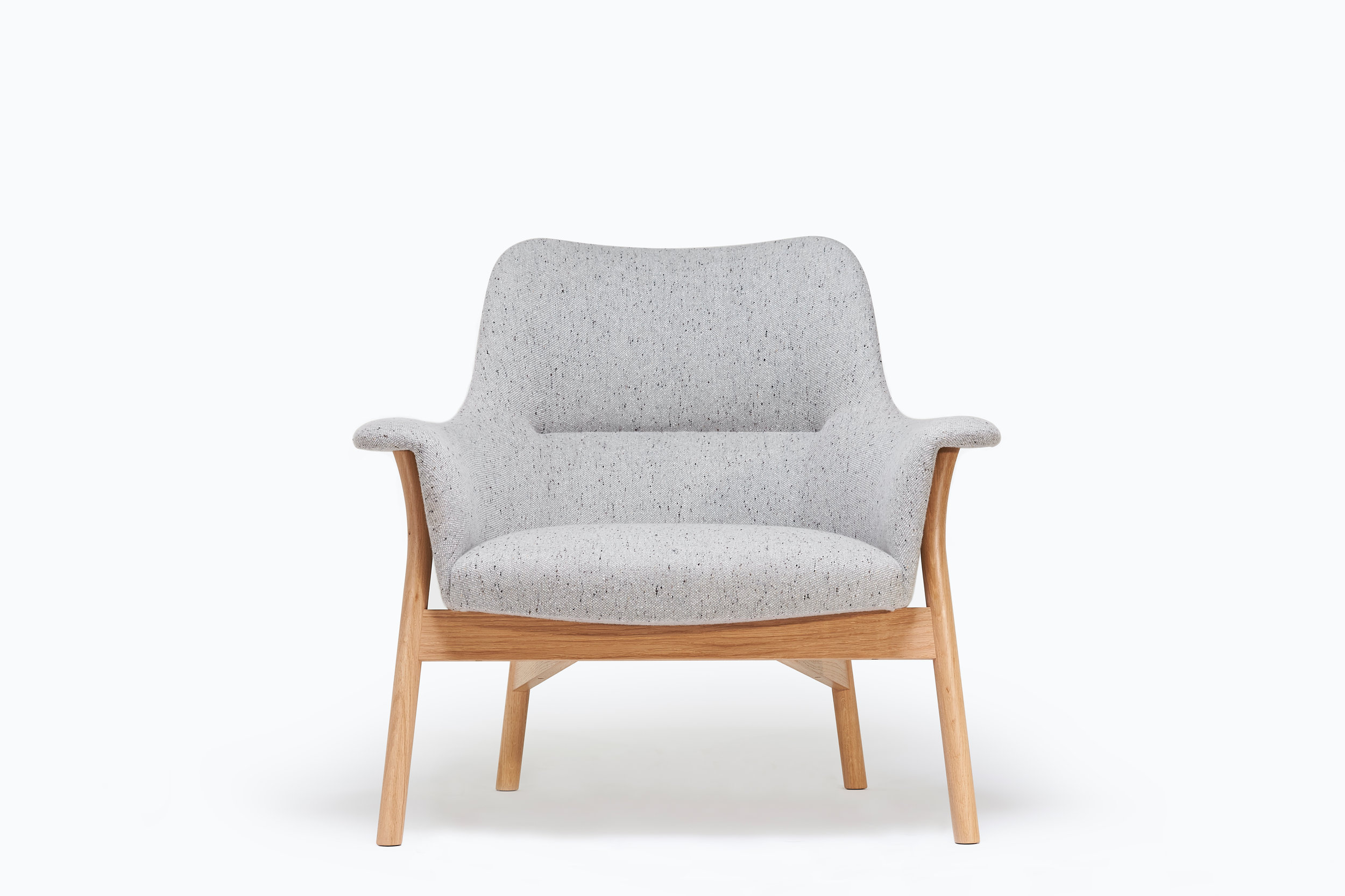 Grey new wool upholstered lounge chair in Oxbow Collection by designer maker Namon Gaston 