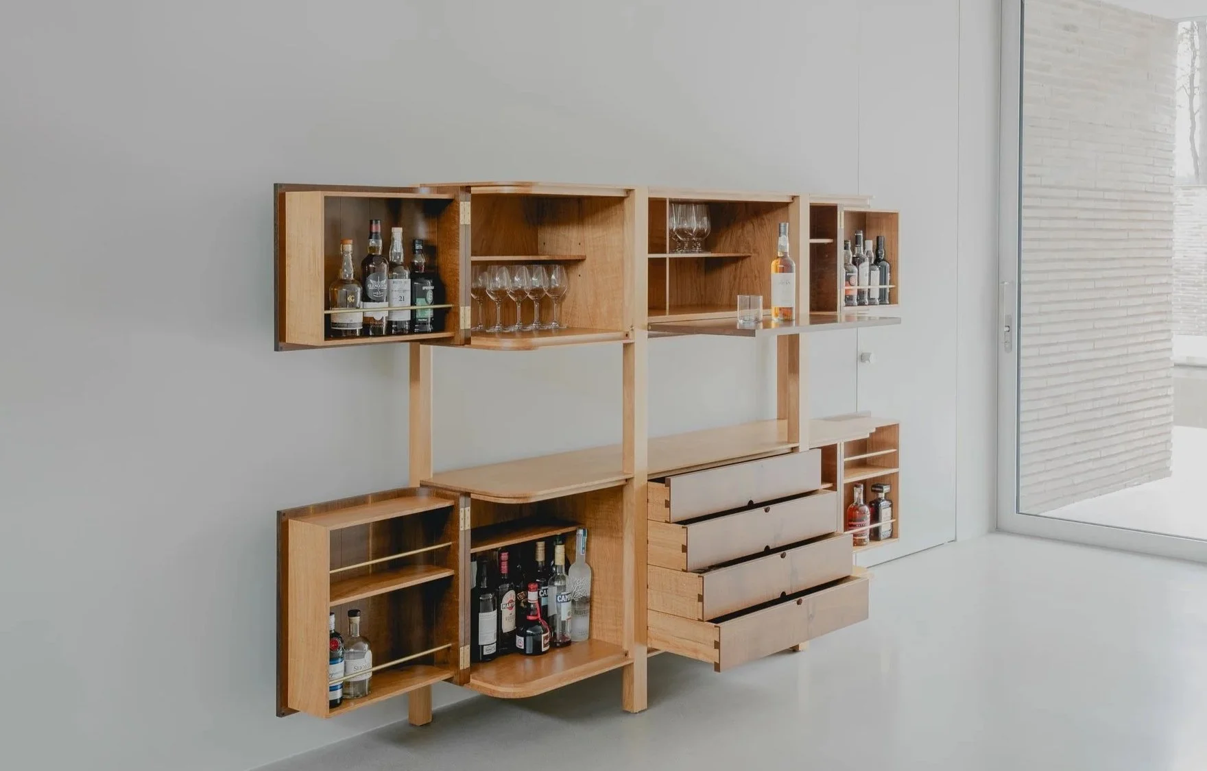 Bespoke designed whiskey cabinet, scottish oak, open view