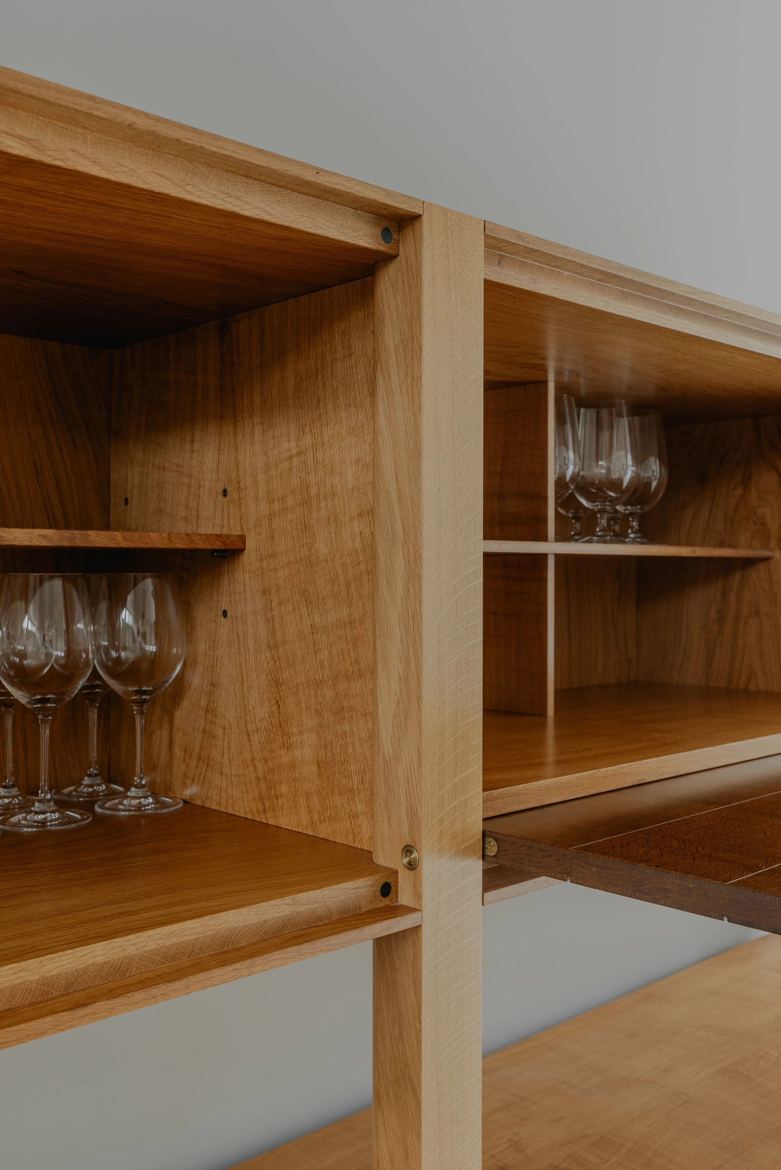 Bespoke designed whiskey cabinet, scottish oak, detail