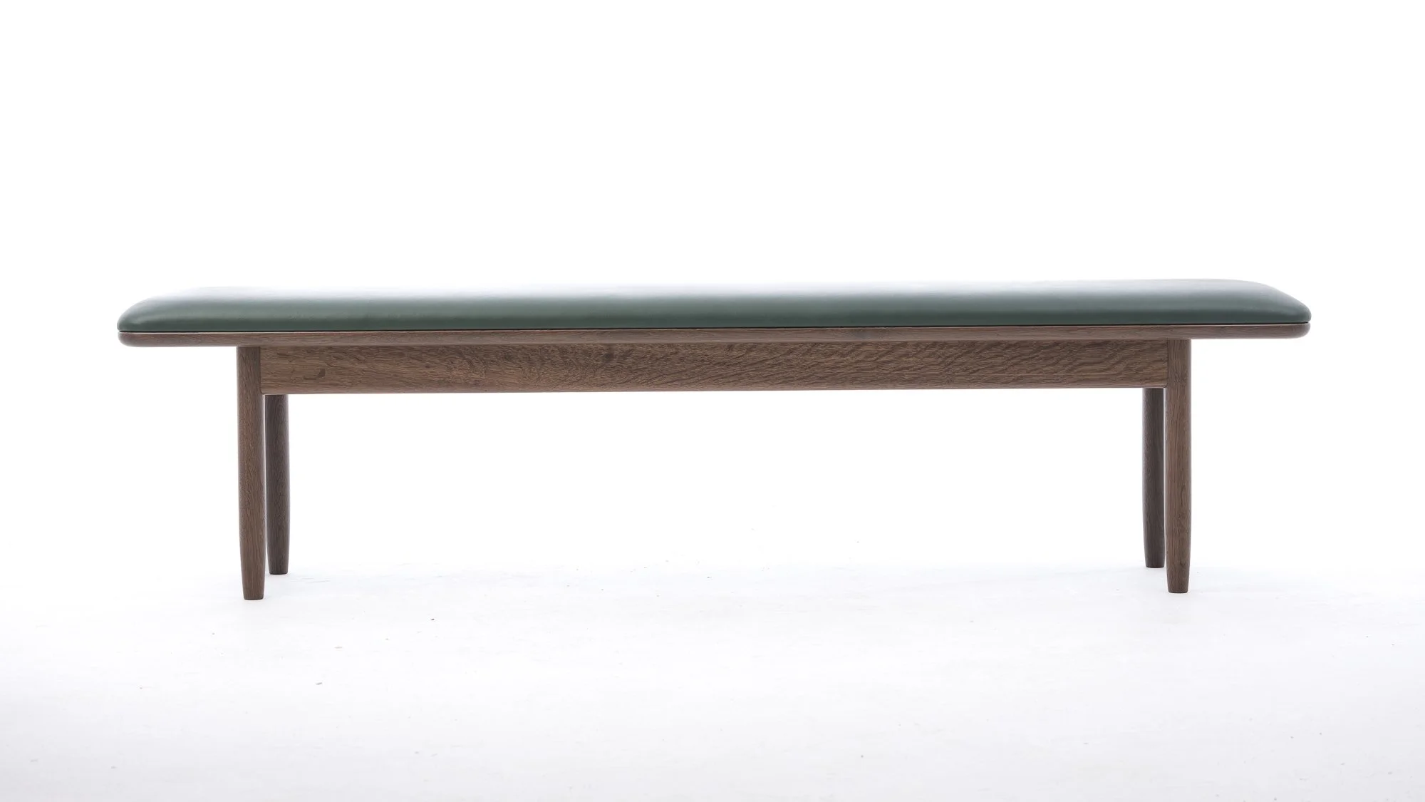 fumed oak bench with green leather seat
