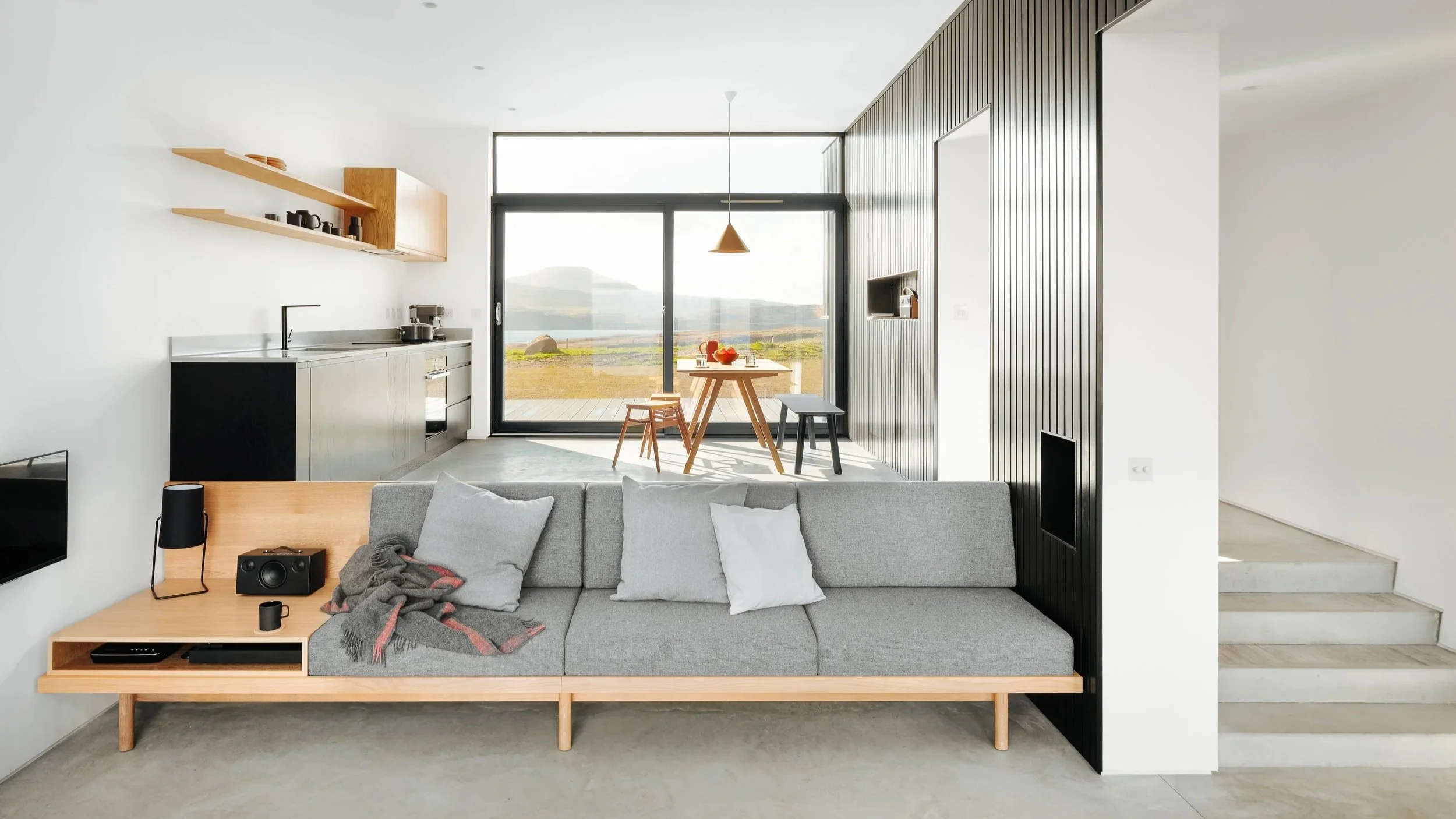 integrated sofa, oak and grey tweed