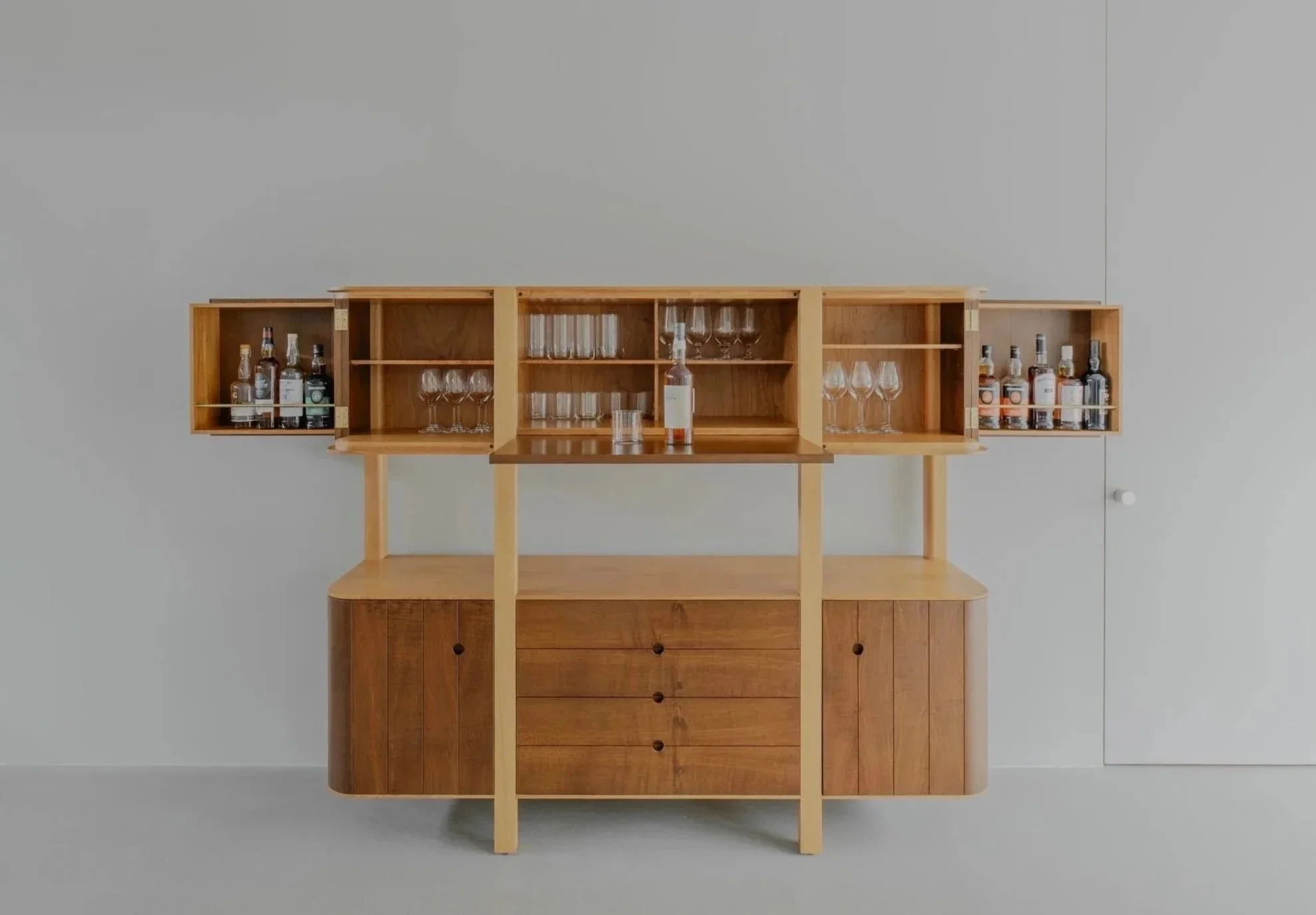 Bespoke designed whiskey cabinet, scottish oak, open top view