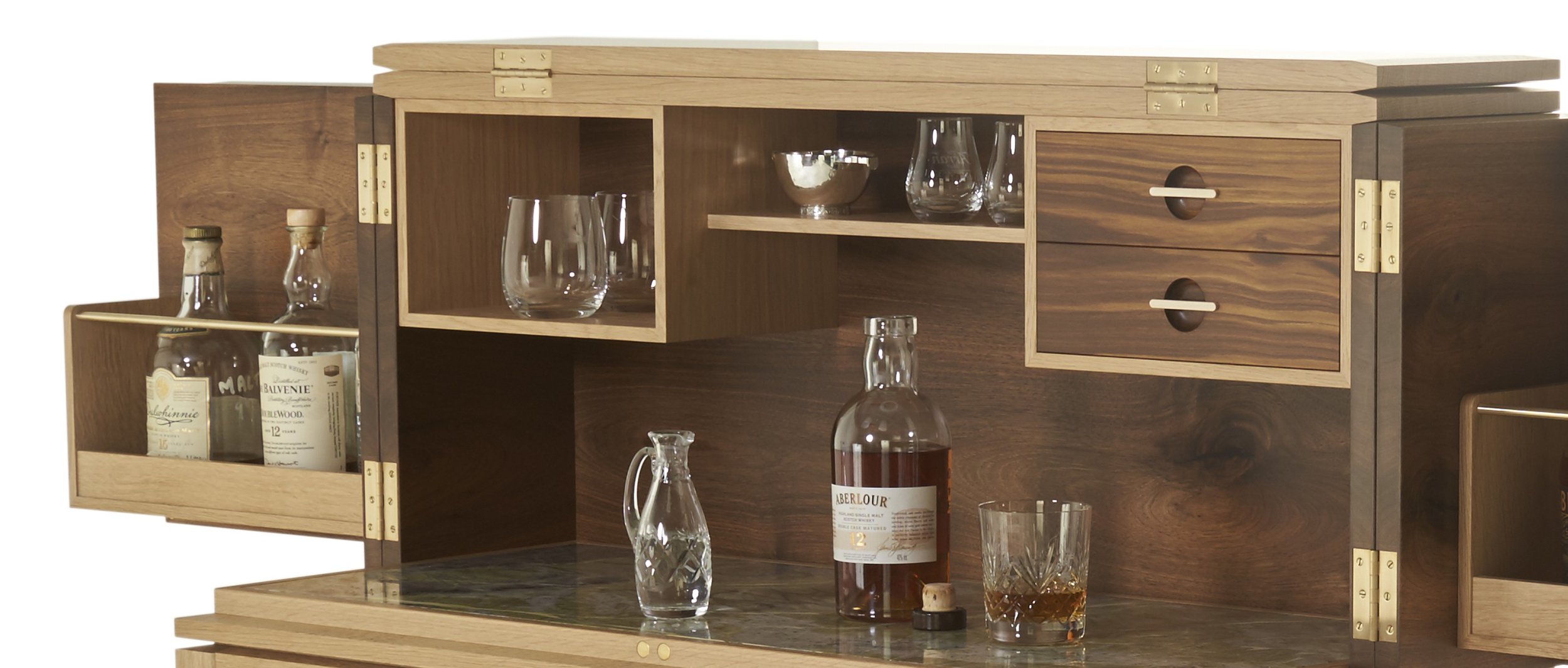 close up of hand crafted whisky cabinet, open view