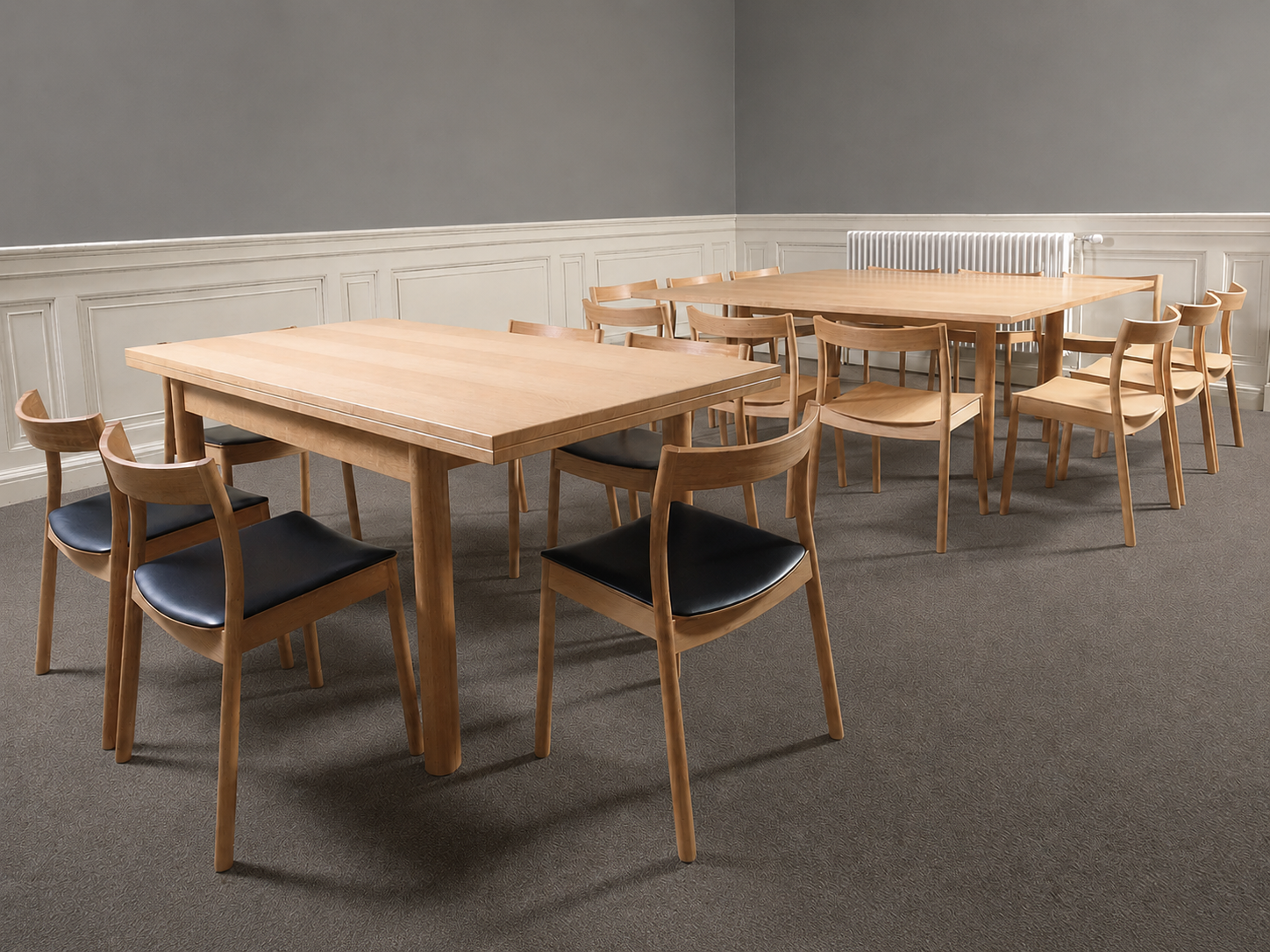 Oak boardroom table and chairs, adapted