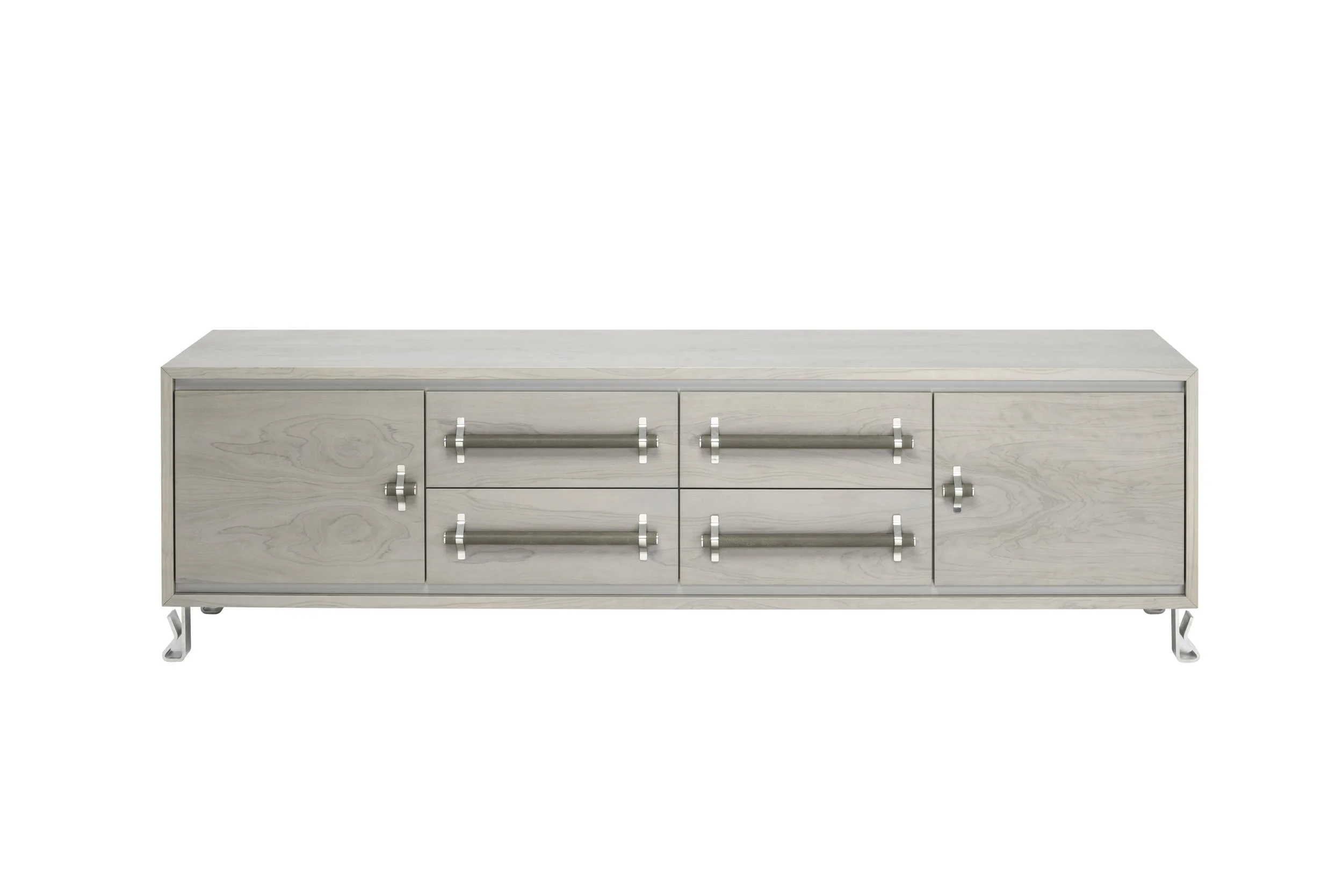 Olive wood with custom grey finish, leather wrapped pulls, paragon inset detail. Many finishes available, Made in Italy 