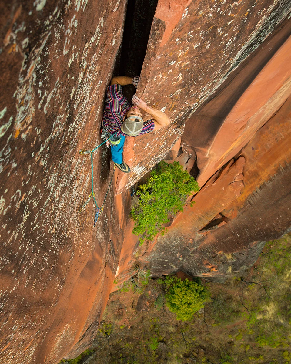 top:&nbsp;Dropping in some side prow before the final section of the crux.middle:&nbsp;Knee bar at the crux's exit moves.bottom: Into the slot above the steep crux.© Irene Yee/Lady Lockoff Photography