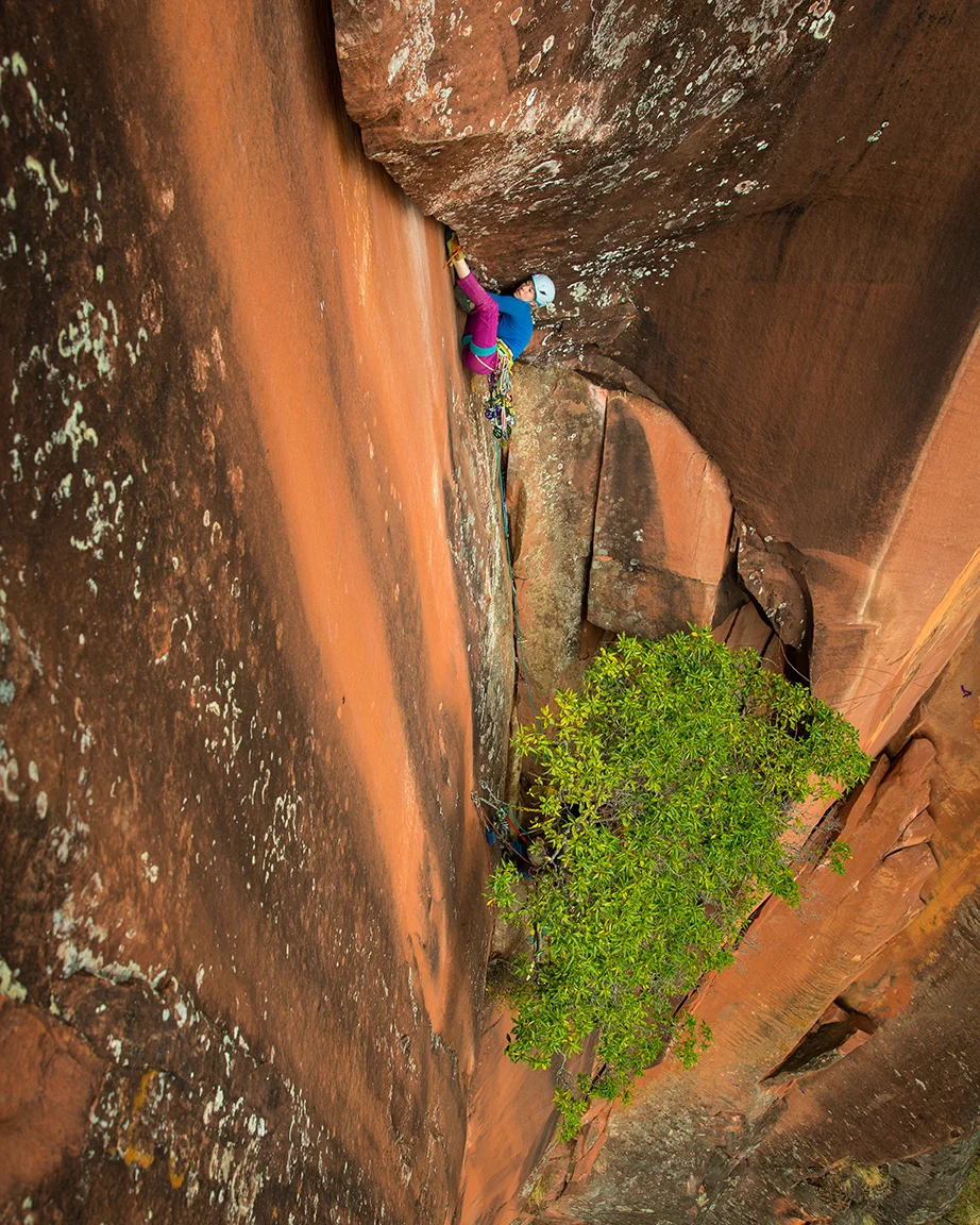 Ashley Cracoft inverts the opening crux moves of Elephant Riders.© Irene Yee/Lady Lockoff Photography