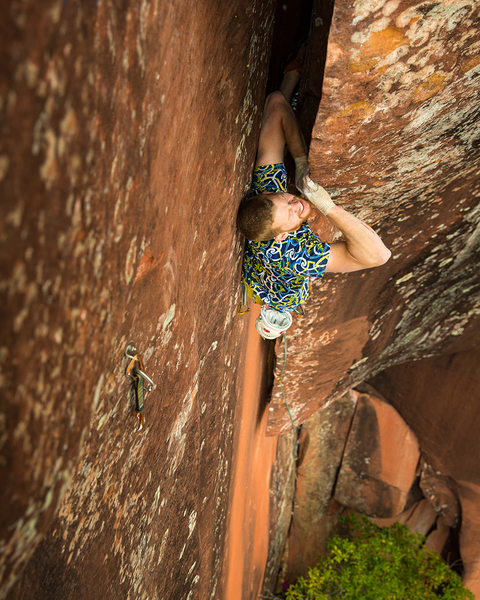 top: Danny Parker on the classic P2 offwidth of Elephant Riders. middle: Inverting where he said he would: Danny Parker inverts mid-crux on Elephant Riders. bottom: Starting the double chicken wing! Though the end of the crux forced his body into a near-parallel position with the ground below, Danny still tried, and succeeded, at climbing the gaping crux crack of Elephant Riders straight-in. © Irene Yee/Lady Lockoff Photography