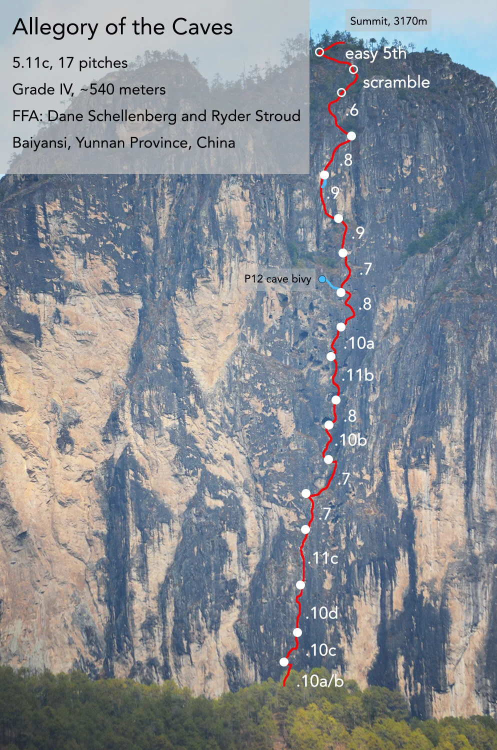 The route in its entirety! Allegory of the Caves is now open for the next adventurous team to climb!